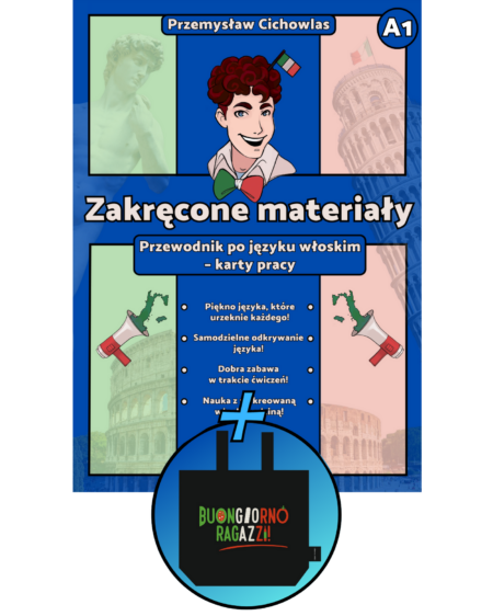 Książka Zakręcone materiały - przewodnik po języku włoskim, karty pracy A1 + Torba BUONGIORNO RAGAZZI